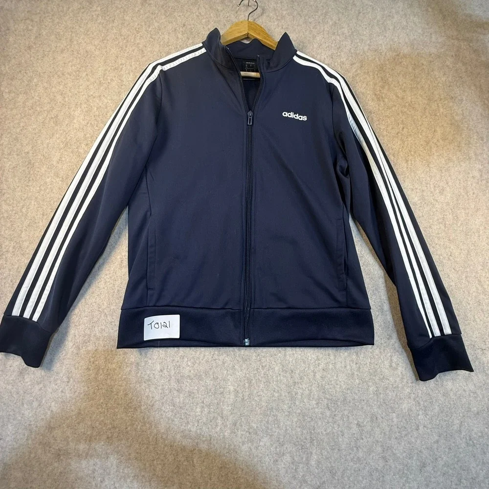 Adidas Mens Track Jacket Navy Blue White 3-Stripe Full Zip Mock Neck Size Medium